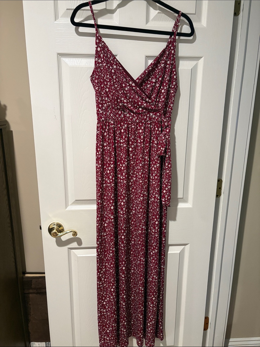 Floral Burgundy Wrap Maxi Dress with Spaghetti Straps
